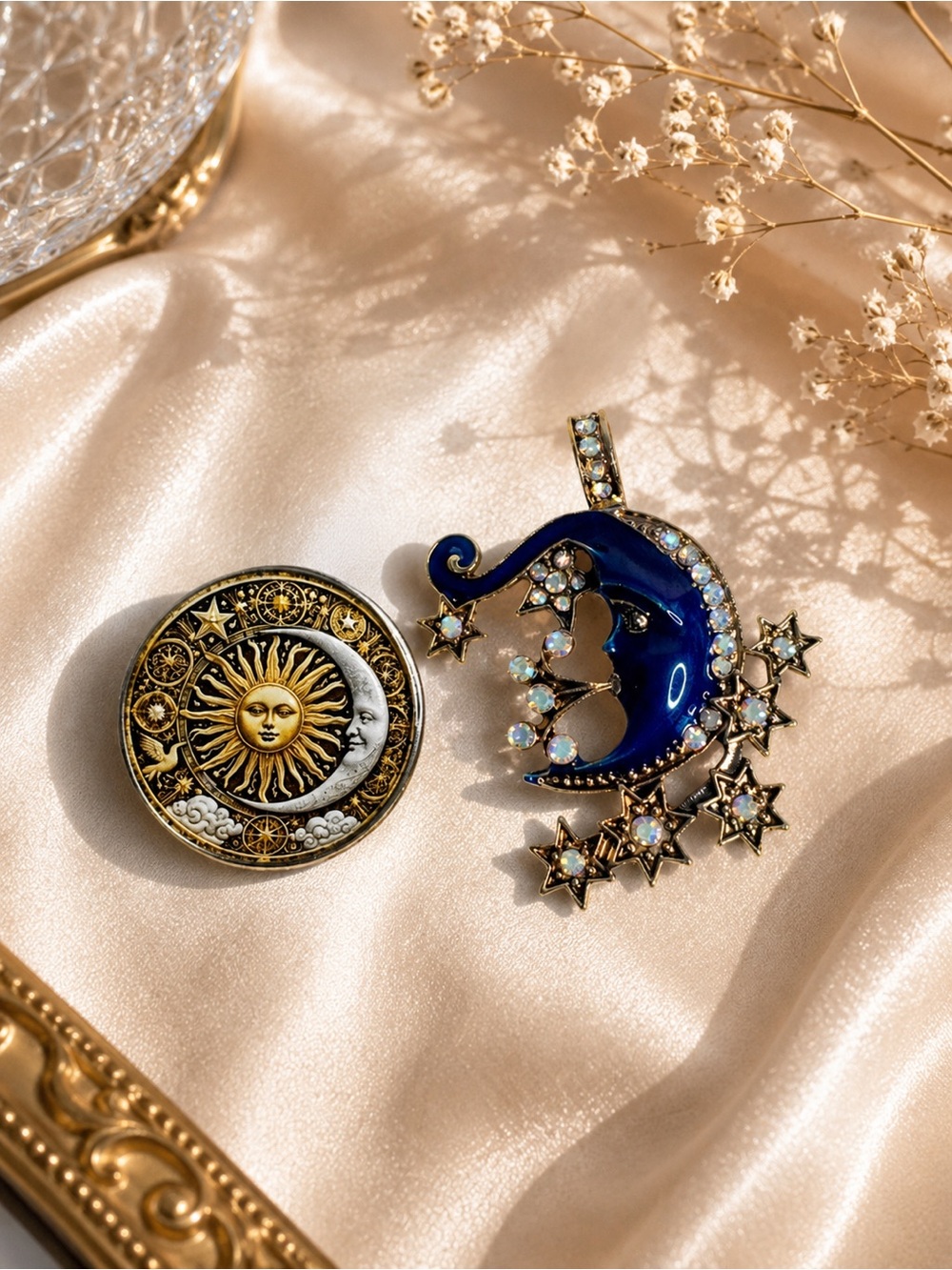 Celestial Brooch Pendant  Sun Moon Brooch Blue Moon Stars Pin vintage style